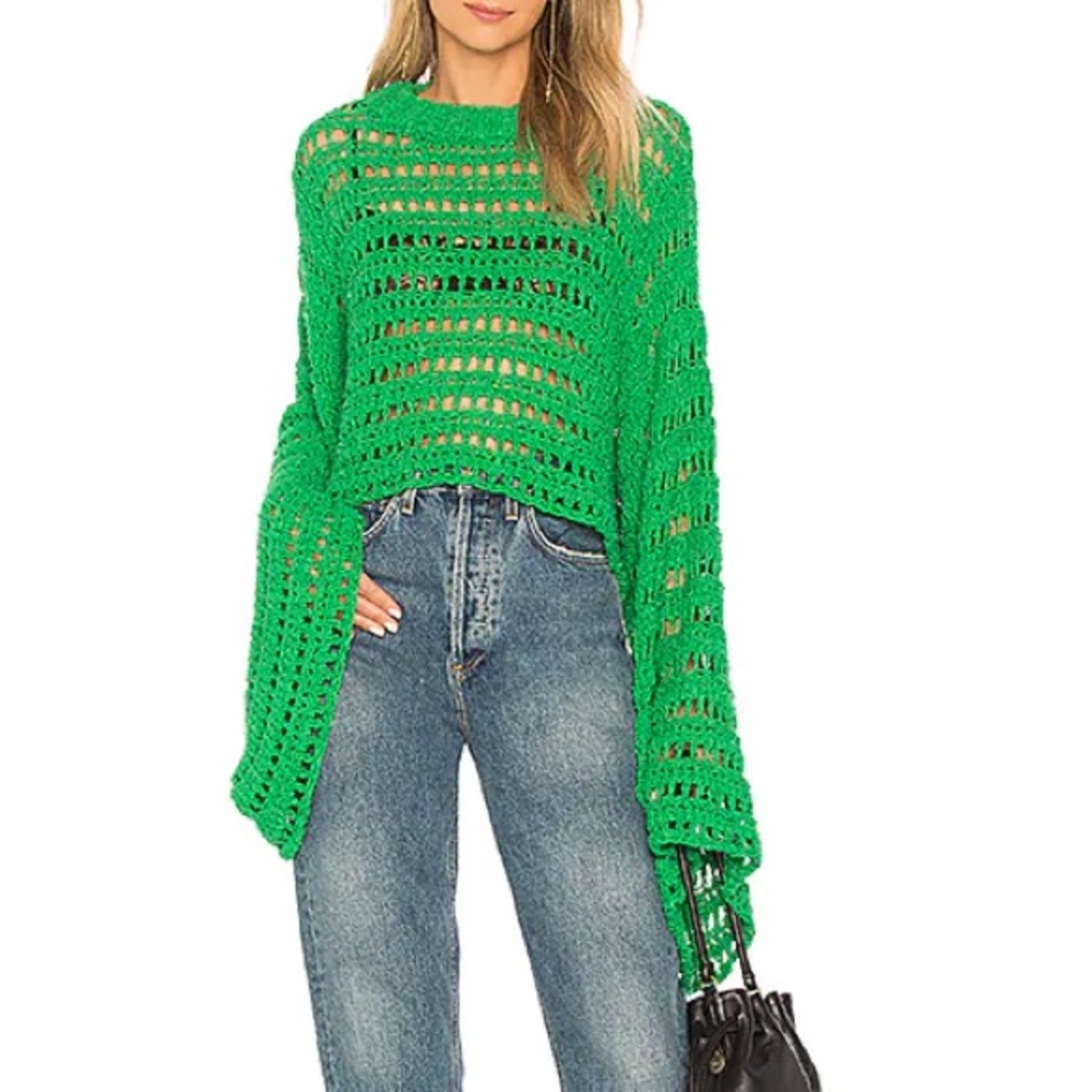 Free People Caught Up Crochet Top Sweater in Kelly Green
